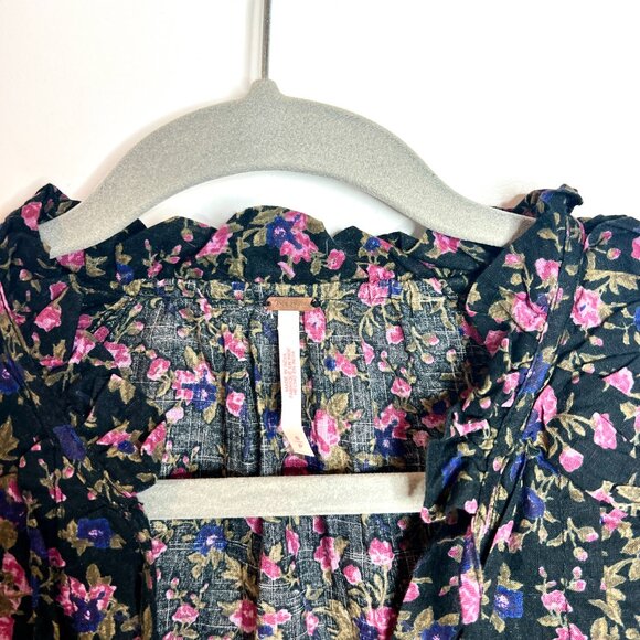 Free People Meant To Be Black Micro Floral Cottagecore Prairie Tassel Blouse S - Picture 4 of 7